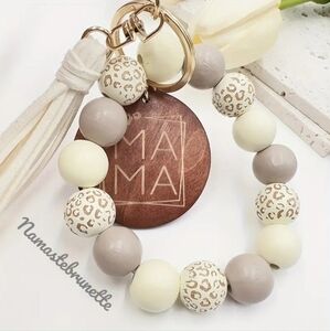 Wooden Beaded Mama Keychain Bag Charm With Blue Tassel